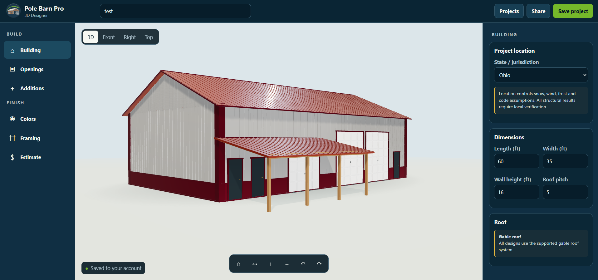 Pole Barn Pro 3D Designer showing a customized pole barn and its building controls